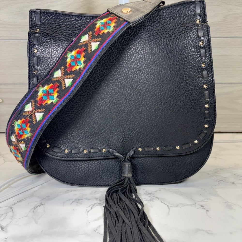 Steve Madden Black  Crossbody with Colorful Embroidered Guitar Strap